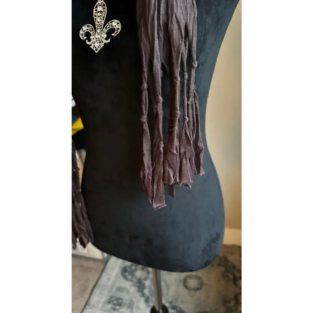 Y2K Fleur De Lis Chocolate Brown Silk Blend Fringe Silver Beaded Skinny Scarf